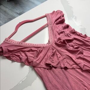 Pink Ruffled V-Neck Dress with Lace Liner Detail - M